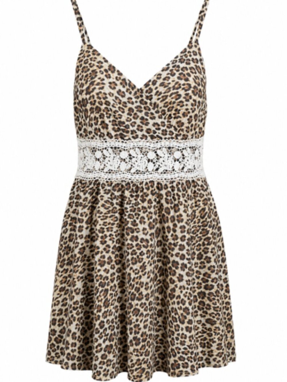 Just Polly Romper Dress Sheer Overlay Leopard Print Crochet Waist Women's Size M